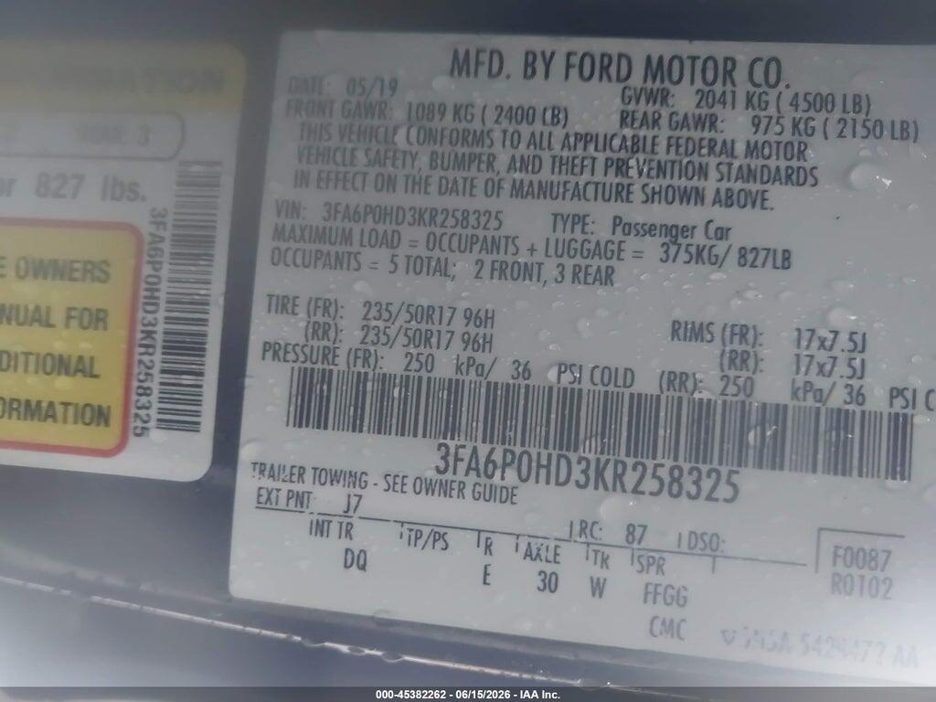 3FA6P0HD3KR258325 2019 FORD FUSION photo no. 9