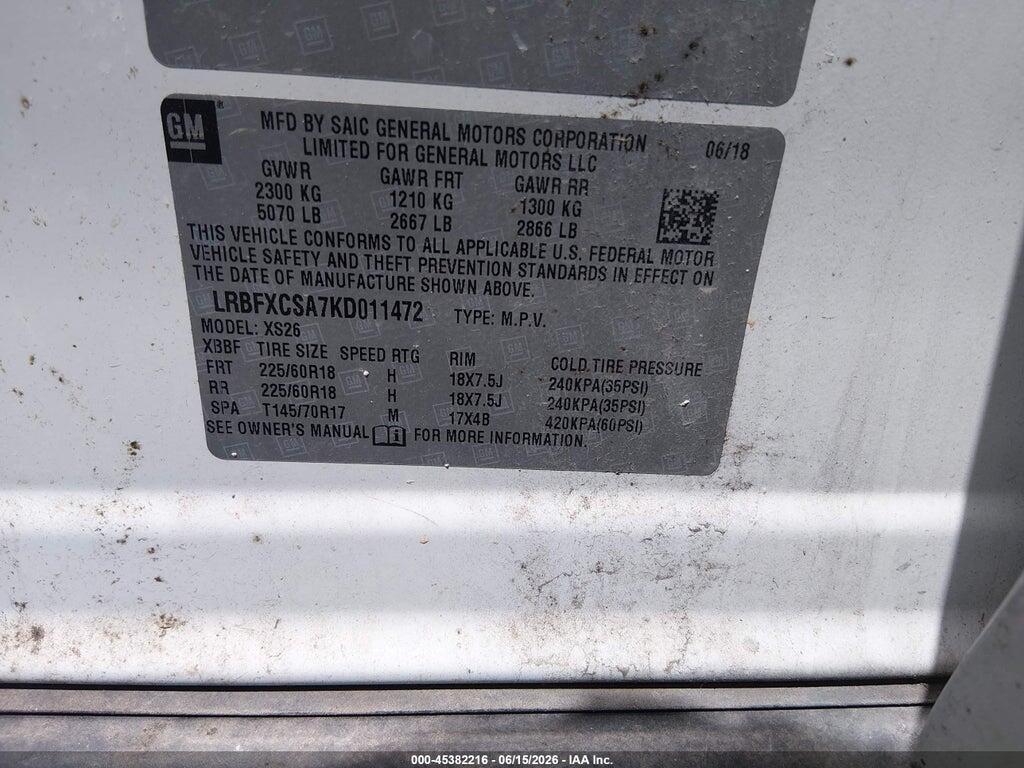 LRBFXCSA7KD011472 2019 BUICK ENVISION photo no. 9