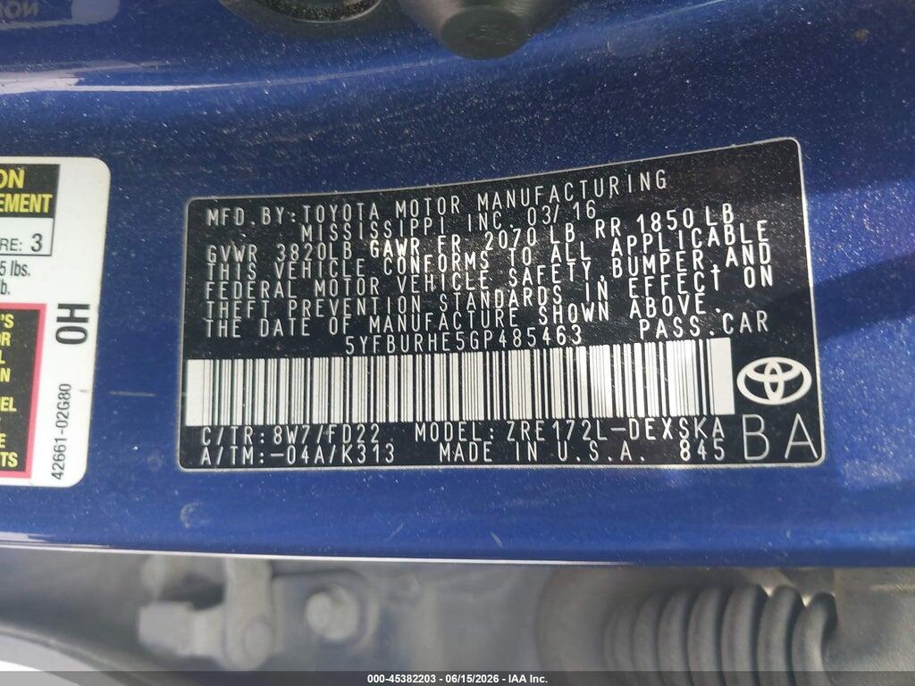 5YFBURHE5GP485463 2016 TOYOTA COROLLA photo no. 9