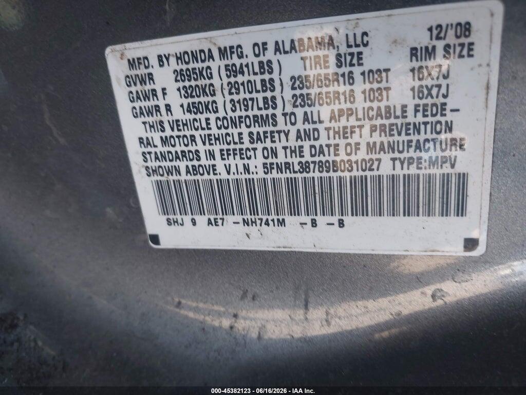 5FNRL38789B031027 2009 HONDA ODYSSEY photo no. 9