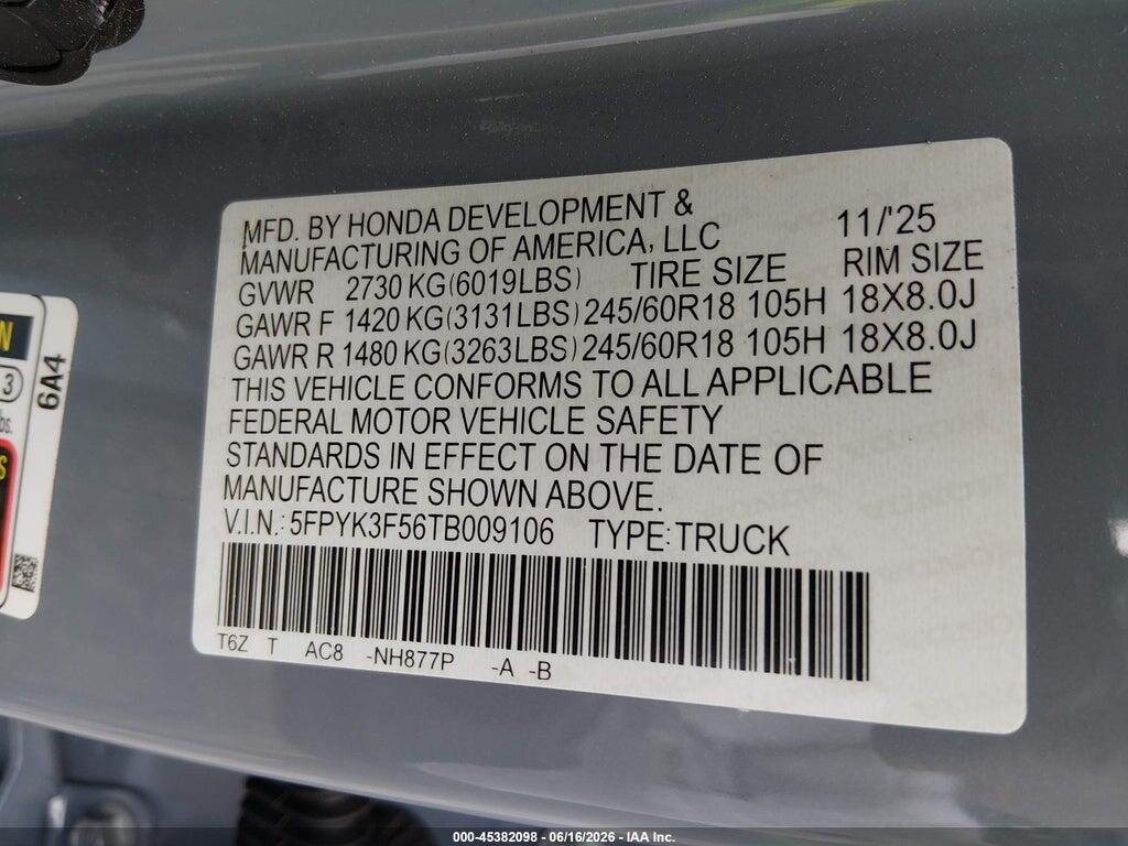 5FPYK3F56TB009106 2026 HONDA RIDGELINE photo no. 9
