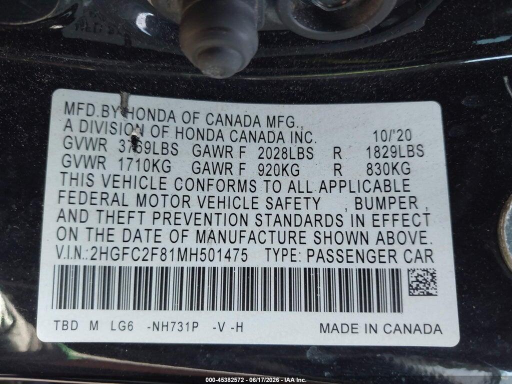 2HGFC2F81MH501475 2021 HONDA CIVIC photo no. 9