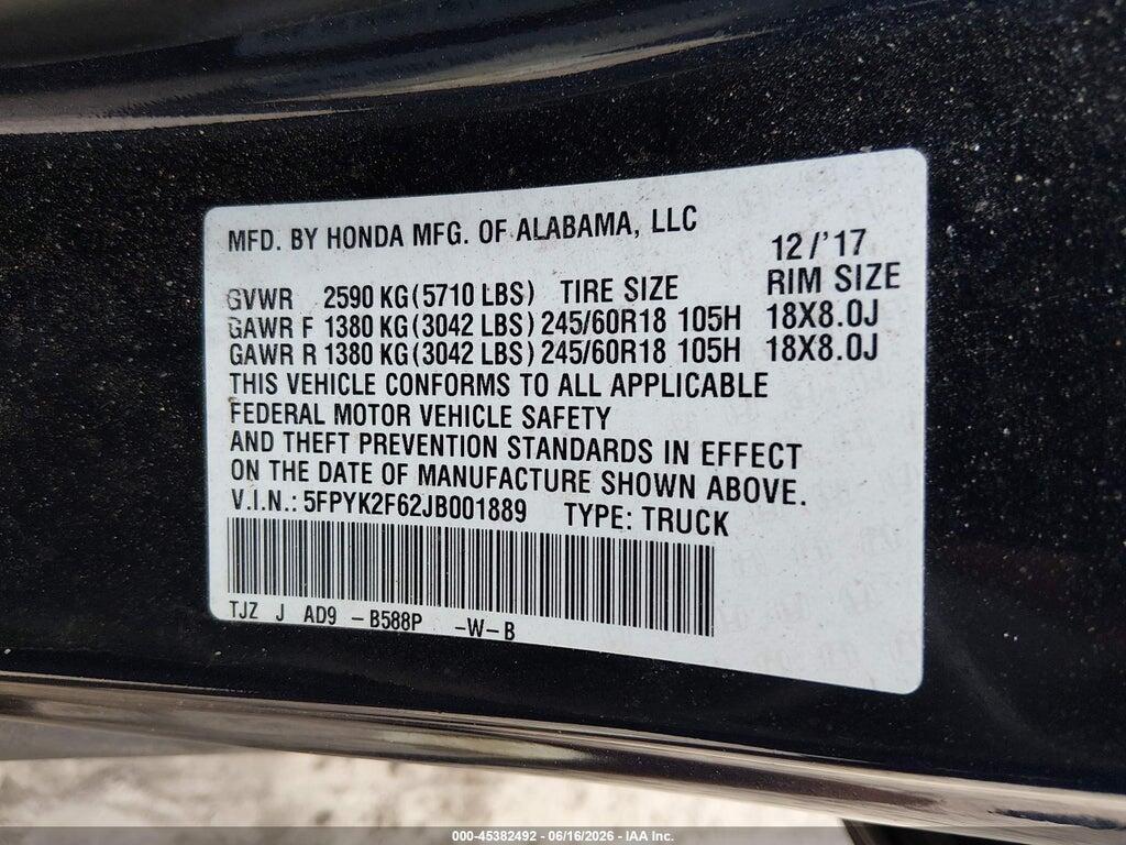 5FPYK2F62JB001889 2018 HONDA RIDGELINE photo no. 9