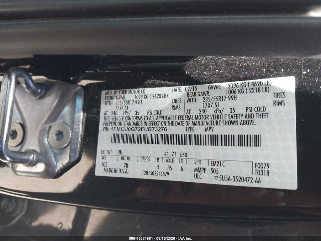1FMCU0G72FUB73276 2015 FORD ESCAPE photo no. 9