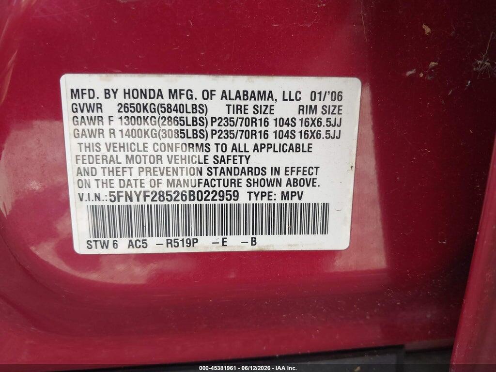 5FNYF28526B022959 2006 HONDA PILOT photo no. 9
