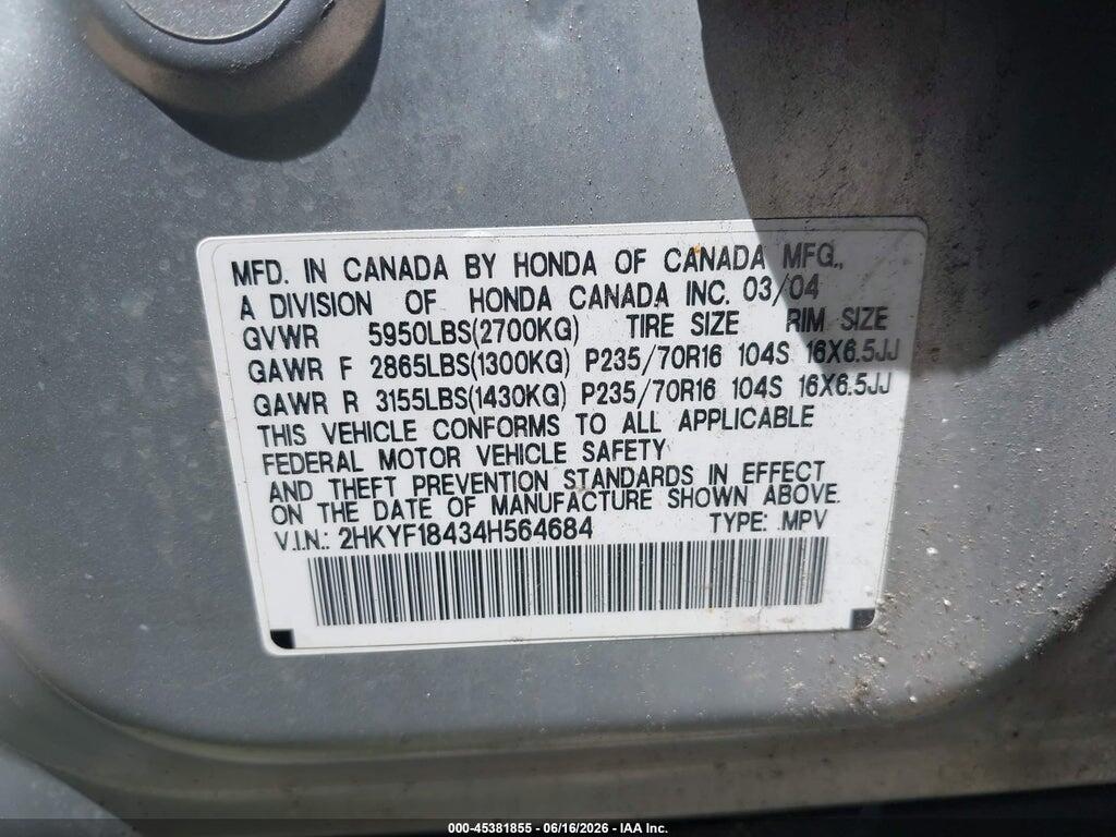 2HKYF18434H564684 2004 HONDA PILOT photo no. 9