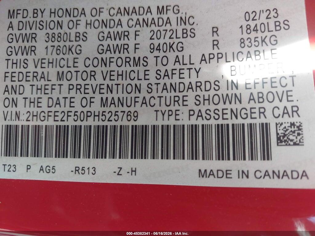 2HGFE2F50PH525769 2023 HONDA CIVIC photo no. 9
