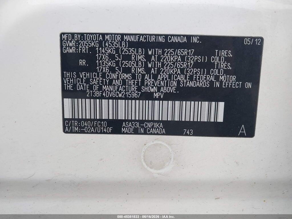 2T3BF4DV6CW215967 2012 TOYOTA RAV4 photo no. 9