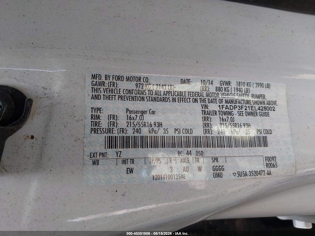 1FADP3F21EL428002 2014 FORD FOCUS photo no. 9