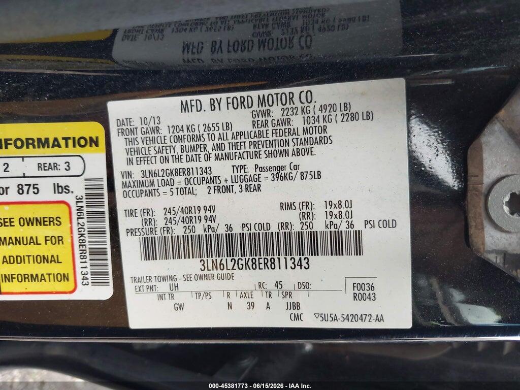 3LN6L2GK8ER811343 2014 LINCOLN MKZ photo no. 9