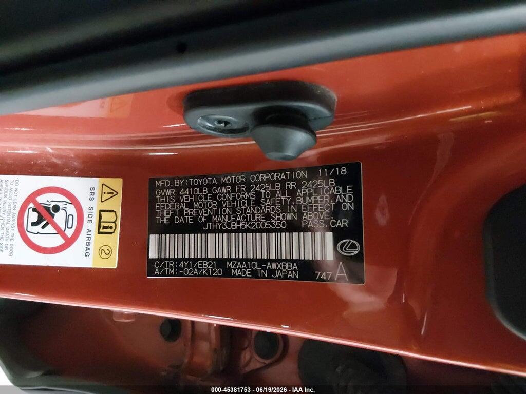 JTHY3JBH5K2005350 2019 LEXUS UX 200 photo no. 9