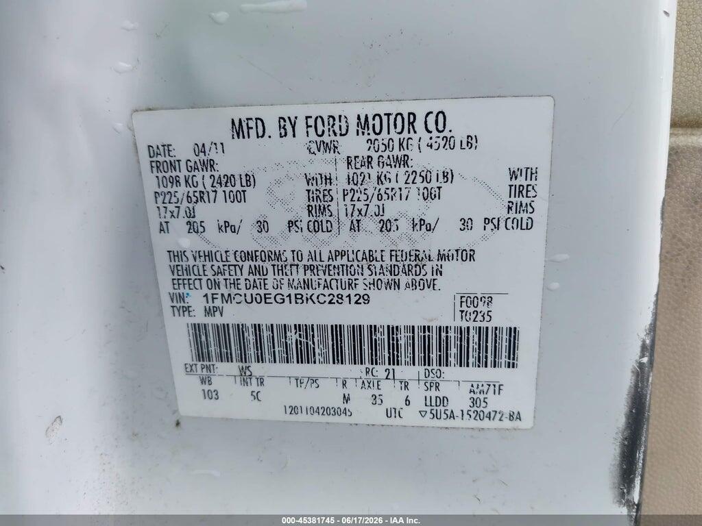 1FMCU0EG1BKC28129 2011 FORD ESCAPE photo no. 9
