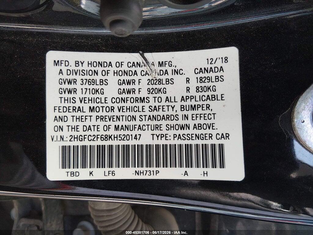 2HGFC2F68KH520147 2019 HONDA CIVIC photo no. 9