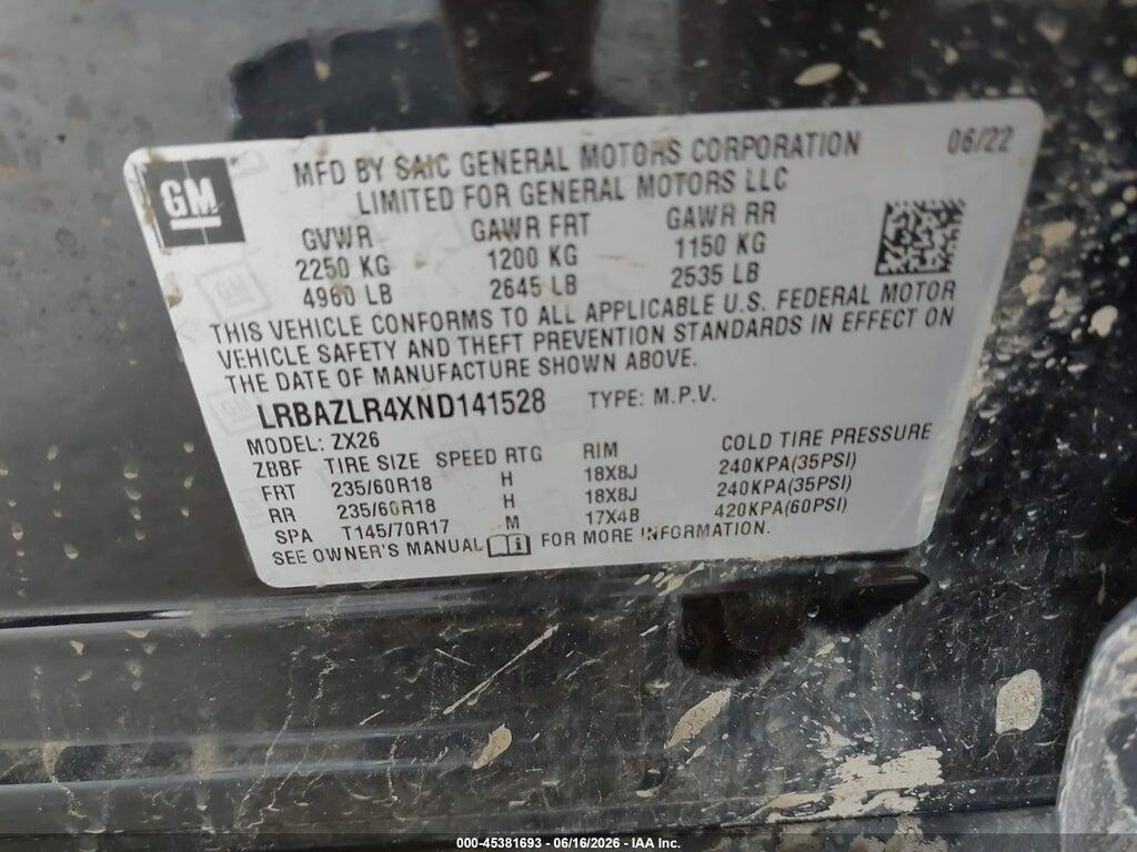 LRBAZLR4XND141528 2022 BUICK ENVISION photo no. 9