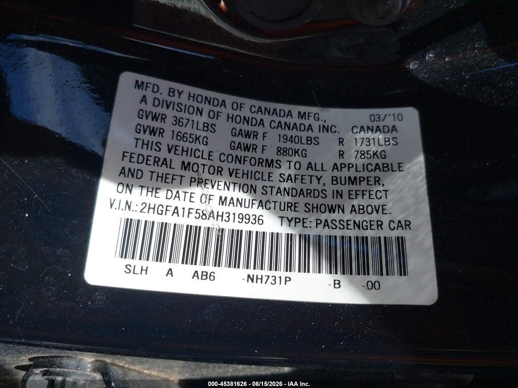2HGFA1F58AH319936 2010 HONDA CIVIC photo no. 9