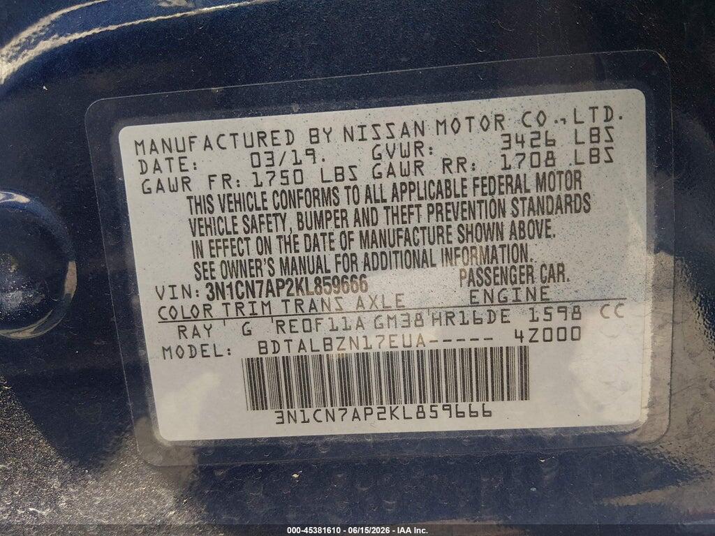3N1CN7AP2KL859666 2019 NISSAN VERSA photo no. 9