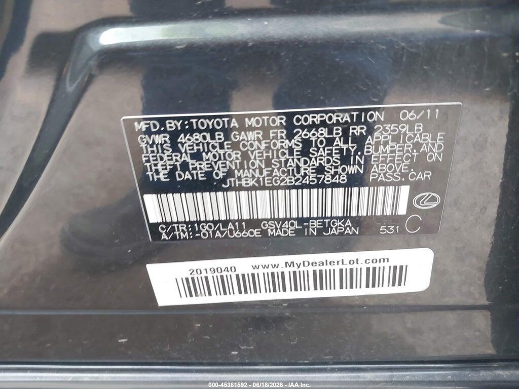 JTHBK1EG2B2457848 2011 LEXUS ES 350 photo no. 9