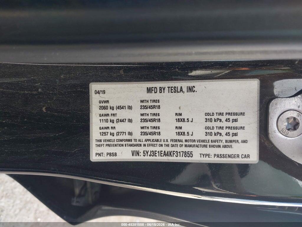 5YJ3E1EA4KF317855 2019 TESLA MODEL 3 photo no. 9