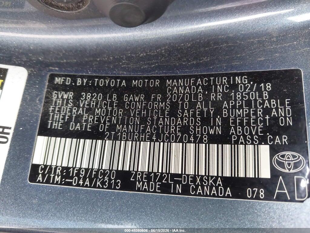2T1BURHE4JC070478 2018 TOYOTA COROLLA photo no. 9