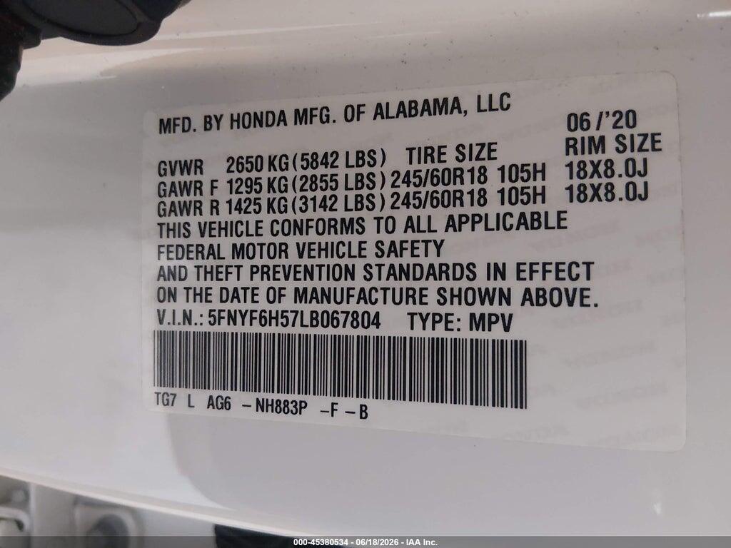 5FNYF6H57LB067804 2020 HONDA PILOT photo no. 9
