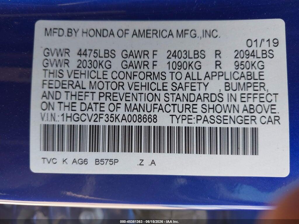 1HGCV2F35KA008668 2019 HONDA ACCORD photo no. 9