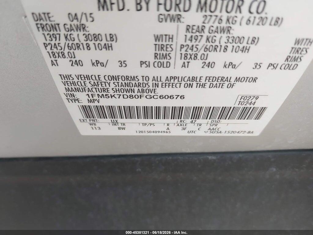1FM5K7D80FGC60676 2015 FORD EXPLORER photo no. 9