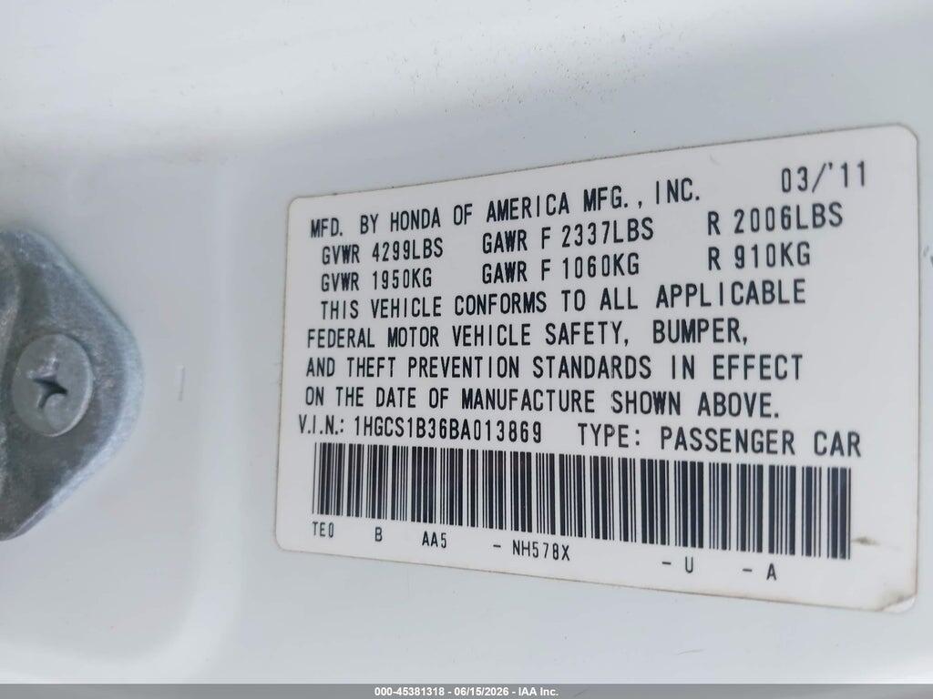 1HGCS1B36BA013869 2011 HONDA ACCORD photo no. 9