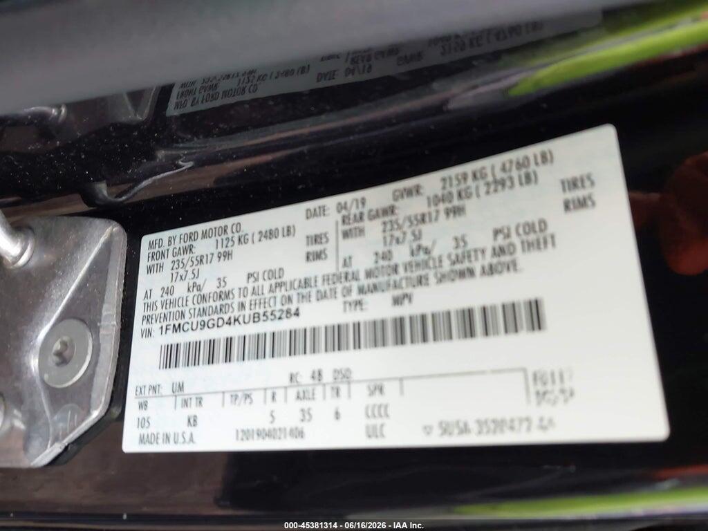 1FMCU9GD4KUB55284 2019 FORD ESCAPE photo no. 9