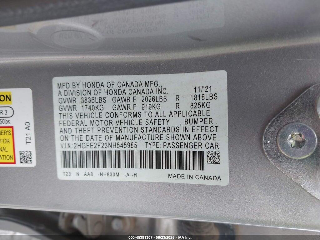 2HGFE2F23NH545985 2022 HONDA CIVIC photo no. 9