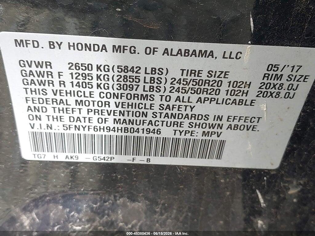 5FNYF6H94HB041946 2017 HONDA PILOT photo no. 9