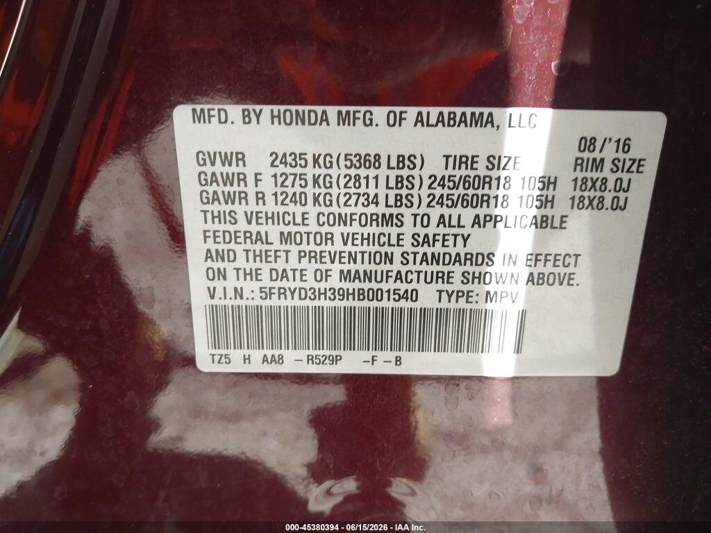 5FRYD3H39HB001540 2017 ACURA MDX photo no. 9