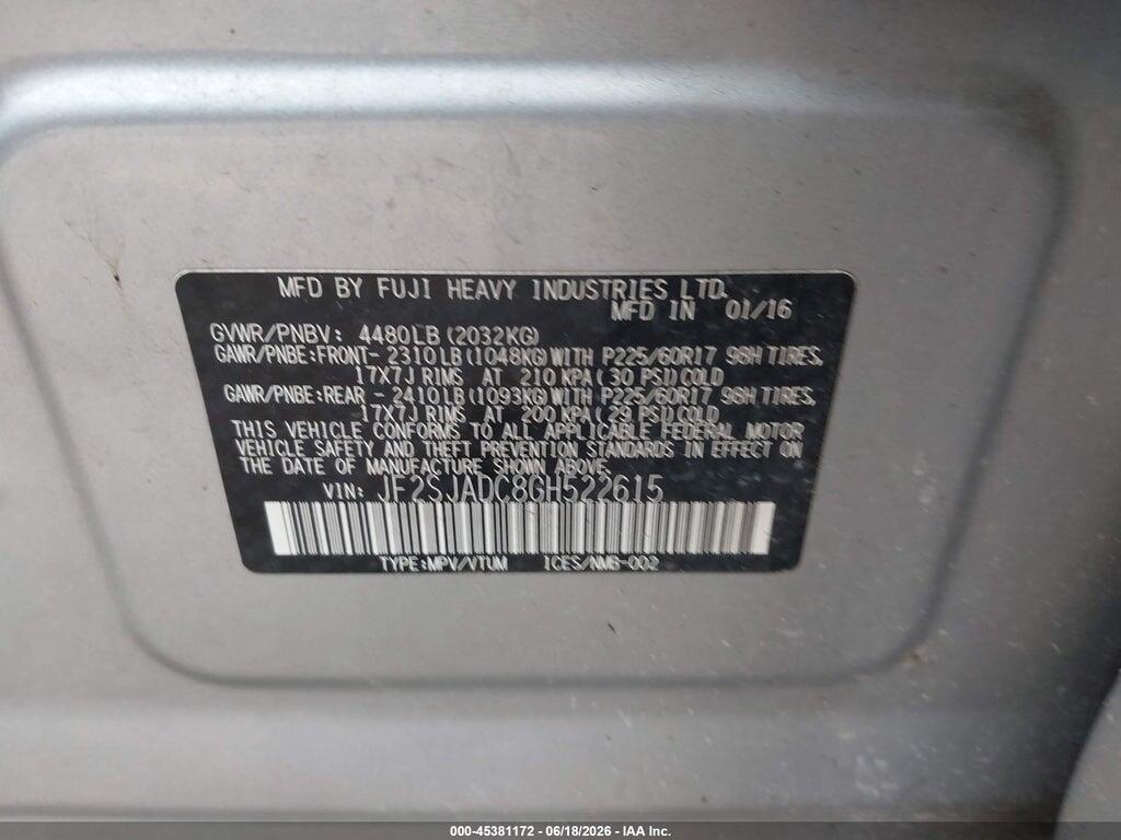 JF2SJADC8GH522615 2016 SUBARU FORESTER photo no. 9