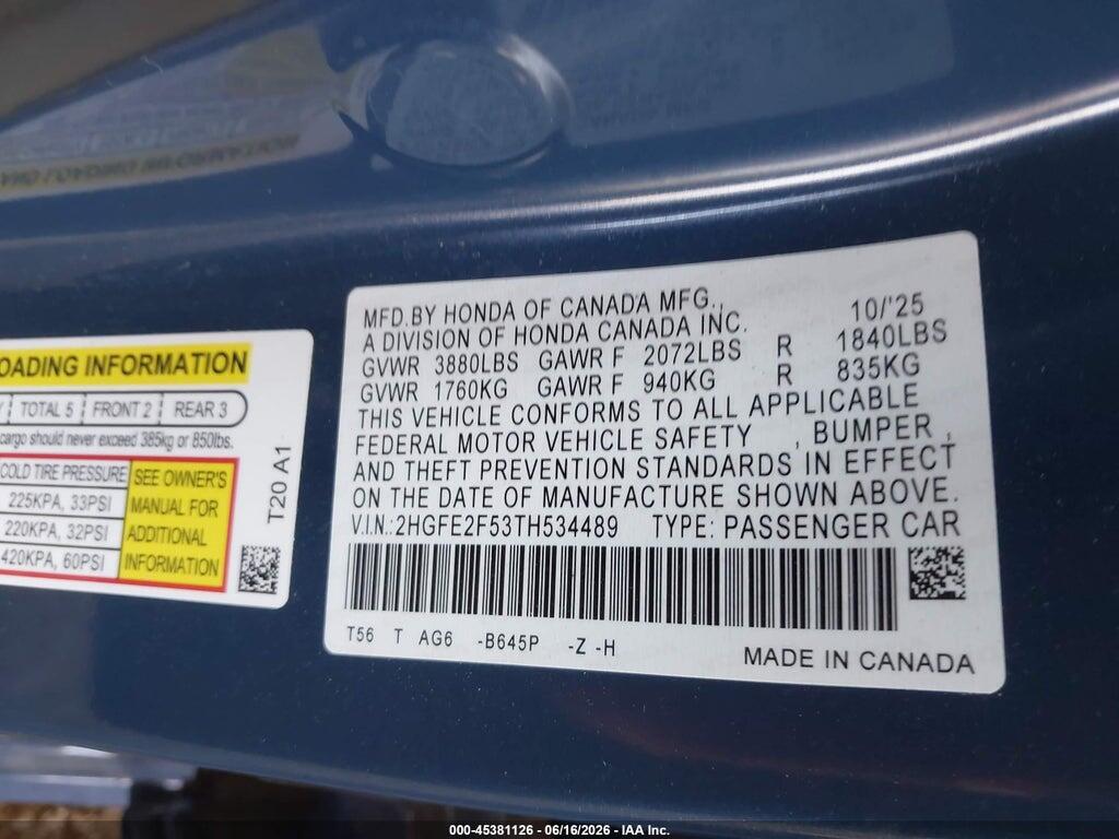 2HGFE2F53TH534489 2026 HONDA CIVIC photo no. 9