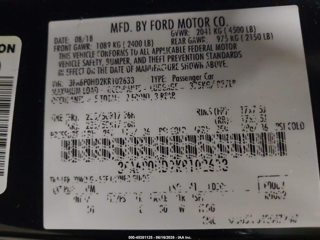 3FA6P0HD2KR102633 2019 FORD FUSION photo no. 9
