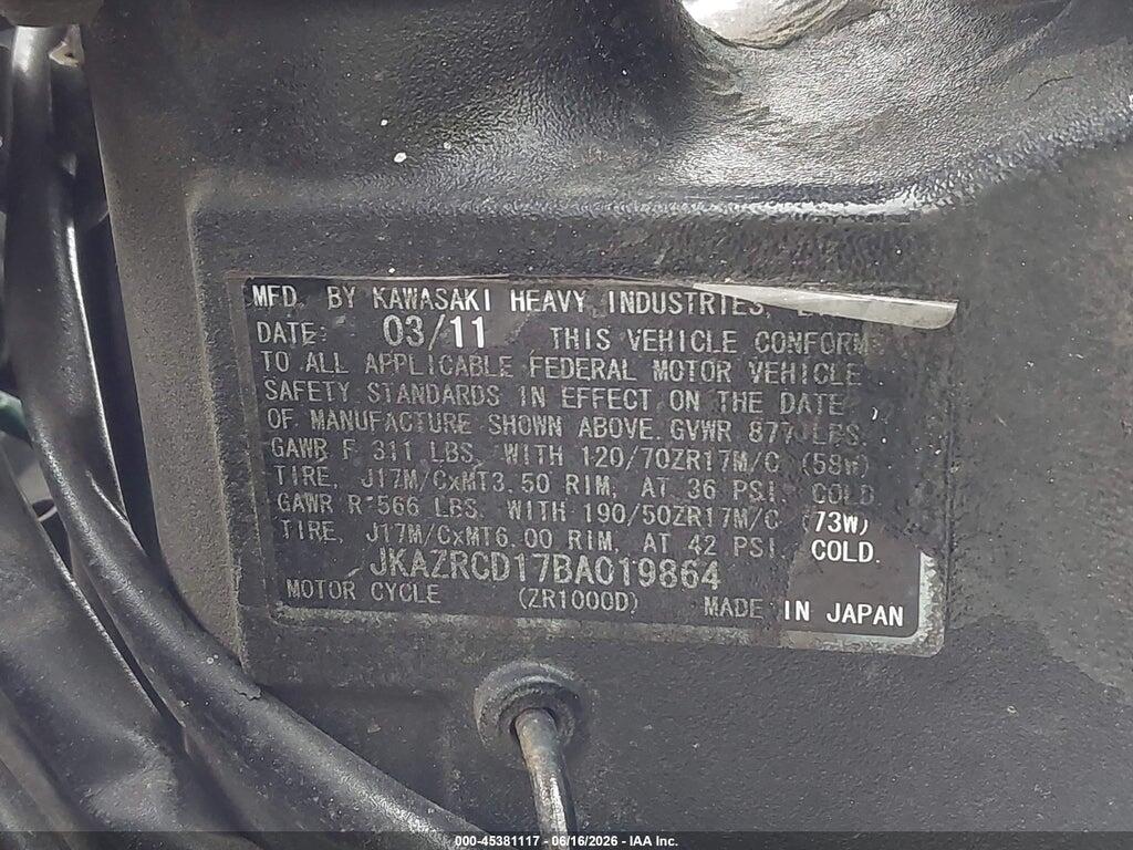 JKAZRCD17BA019864 2011 KAWASAKI ZR1000 photo no. 10