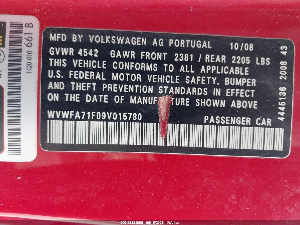 WVWFA71F09V015780 2009 VOLKSWAGEN EOS photo no. 9