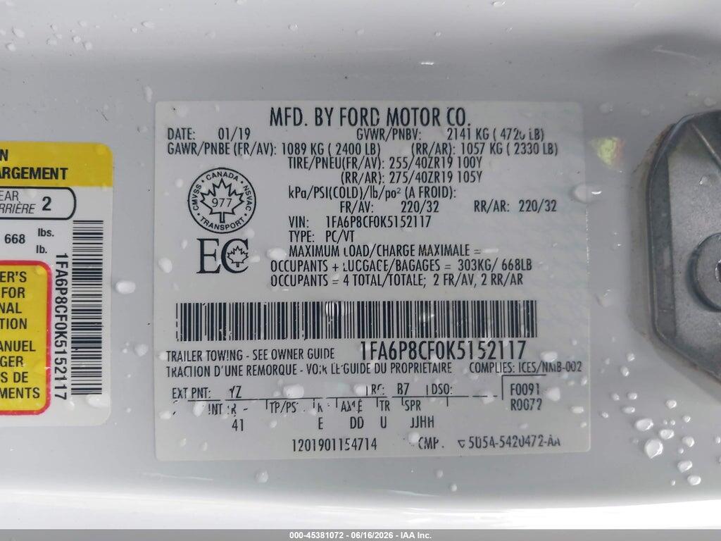 1FA6P8CF0K5152117 2019 FORD MUSTANG photo no. 9