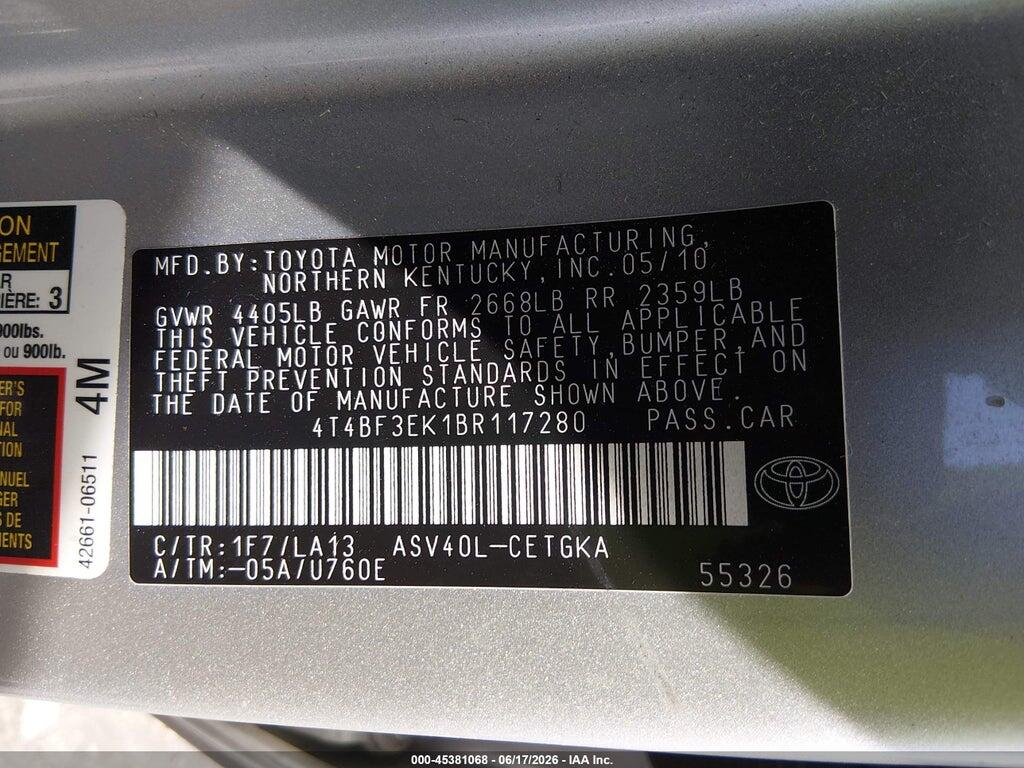4T4BF3EK1BR117280 2011 TOYOTA CAMRY photo no. 9