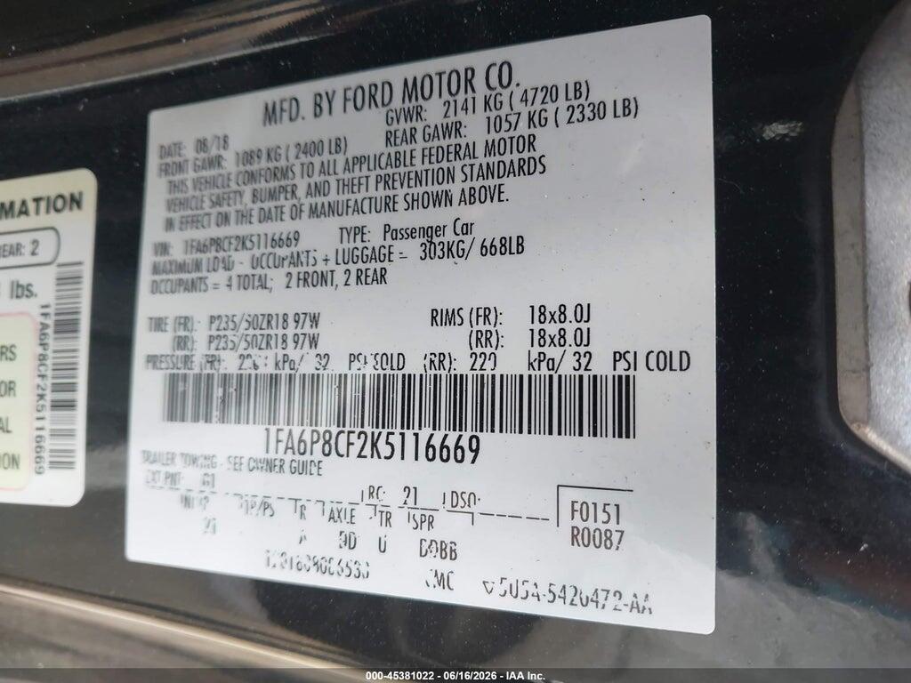 1FA6P8CF2K5116669 2019 FORD MUSTANG photo no. 9