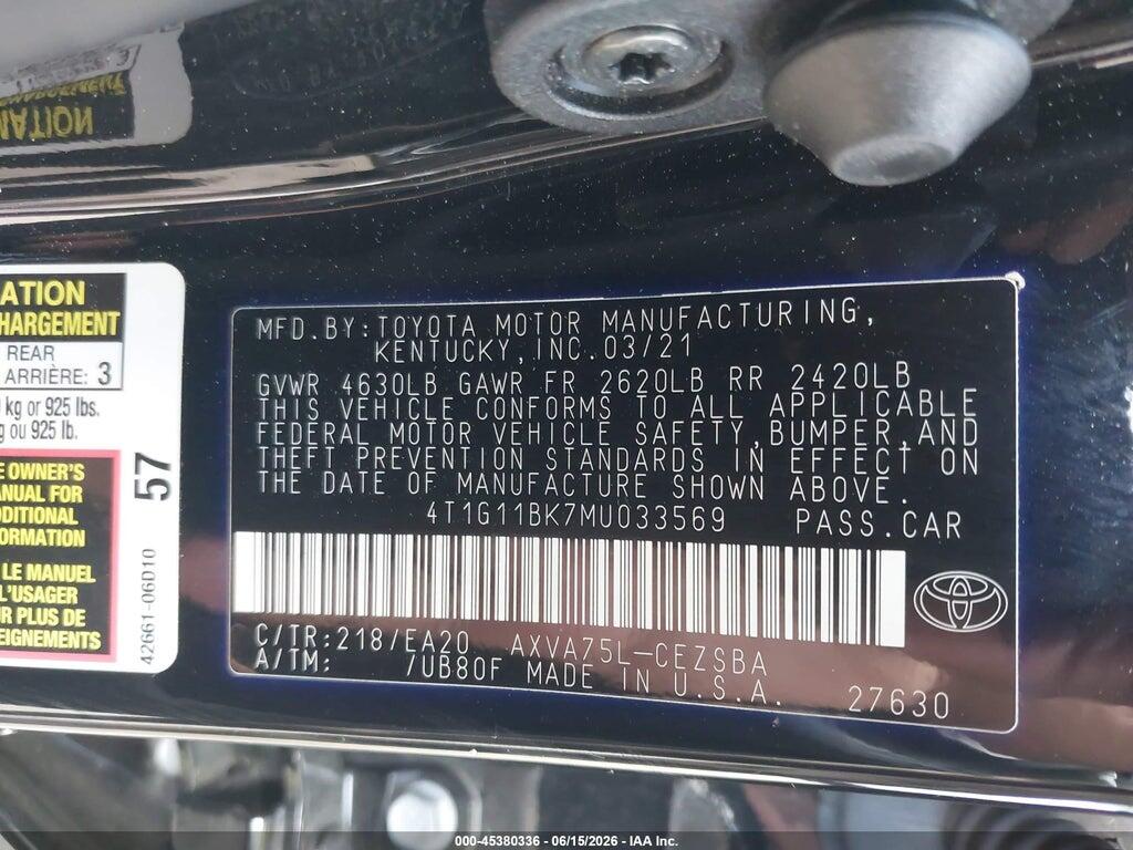 4T1G11BK7MU033569 2021 TOYOTA CAMRY photo no. 9