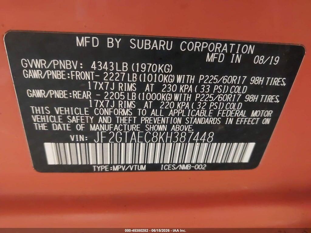 JF2GTAEC8KH387448 2019 SUBARU CROSSTREK photo no. 9