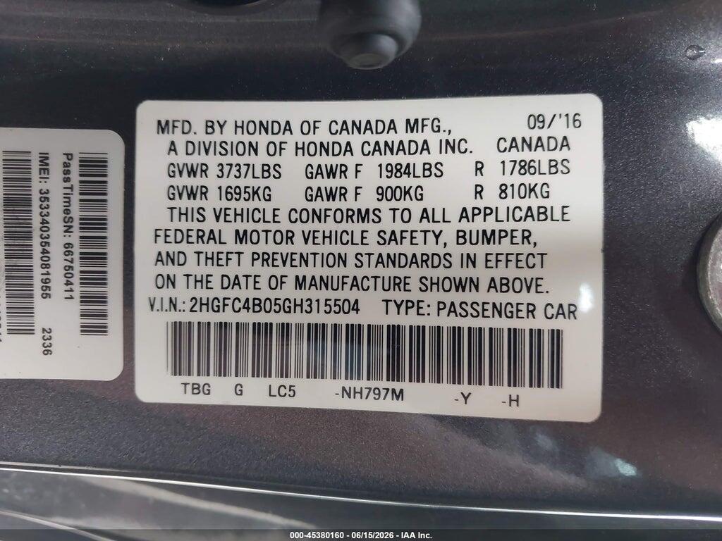 2HGFC4B05GH315504 2016 HONDA CIVIC photo no. 9