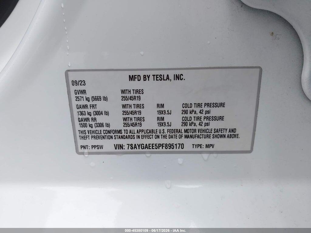 7SAYGAEE5PF895170 2023 TESLA MODEL Y photo no. 9