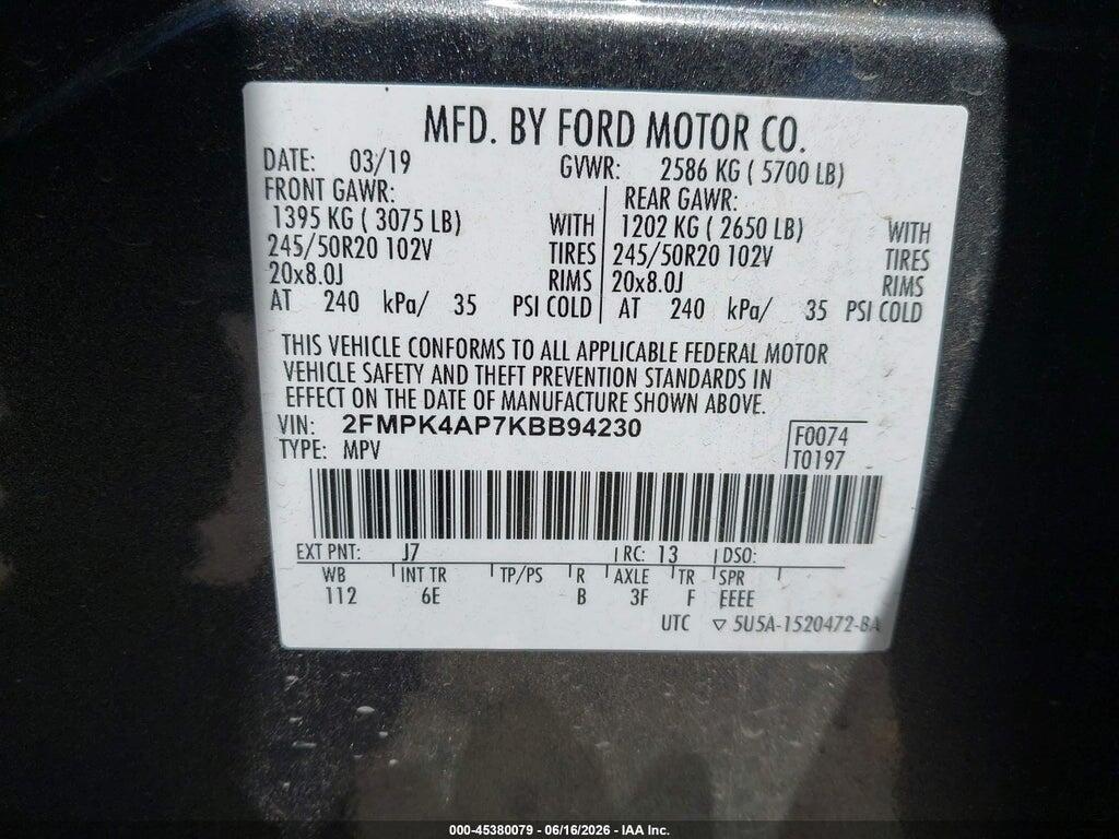 2FMPK4AP7KBB94230 2019 FORD EDGE photo no. 9