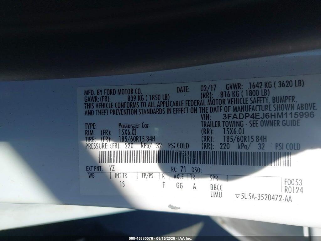 3FADP4EJ6HM115996 2017 FORD FIESTA photo no. 9
