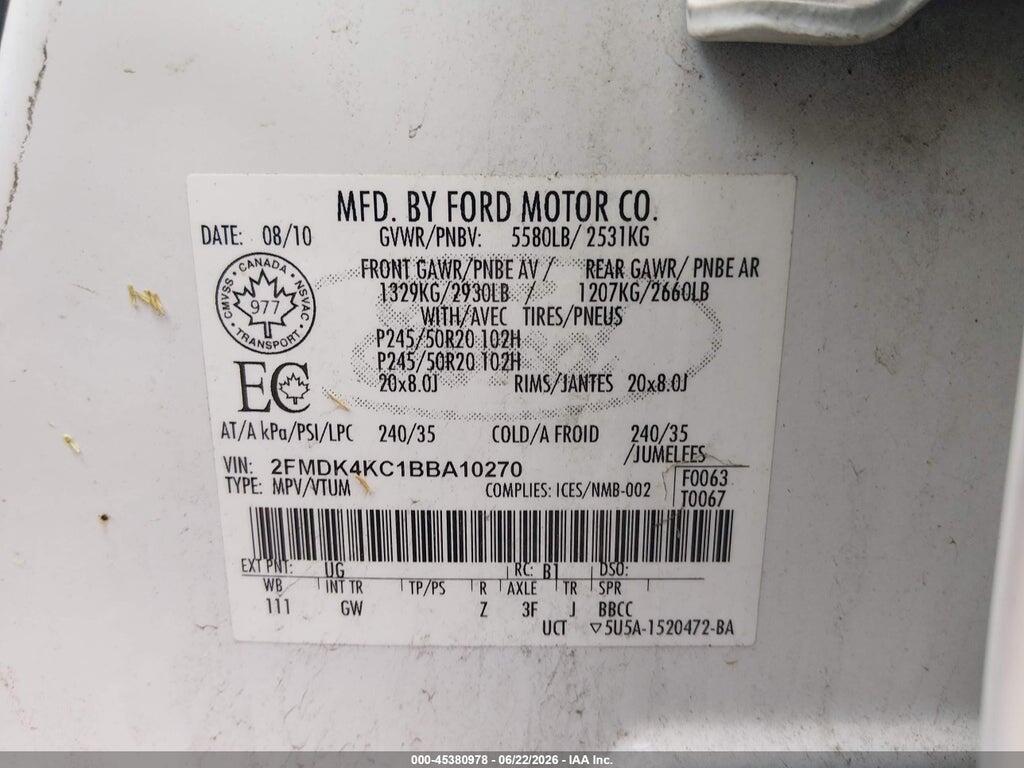 2FMDK4KC1BBA10270 2011 FORD EDGE photo no. 9