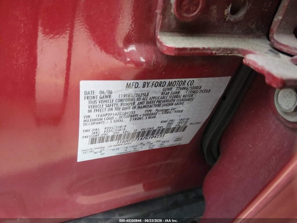 1FAHP27147G104233 2007 FORD FIVE HUNDRED photo no. 9
