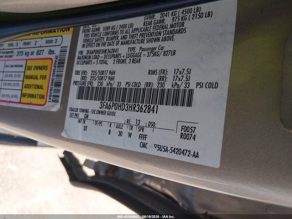 3FA6P0HD3HR362841 2017 FORD FUSION photo no. 9