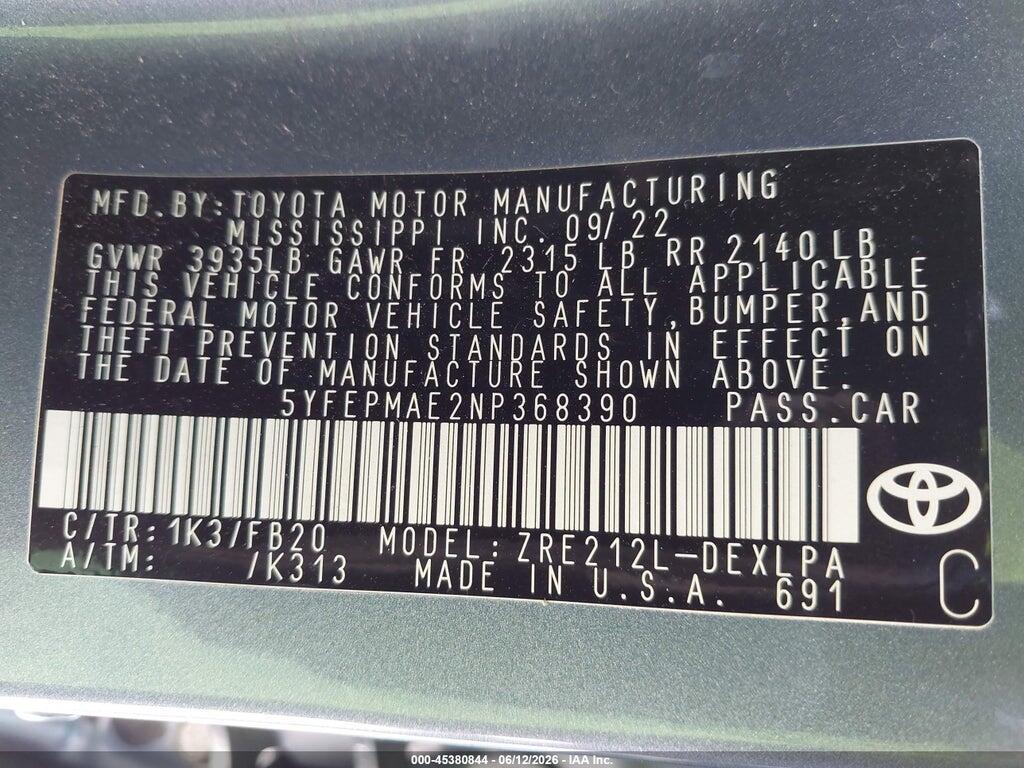 5YFEPMAE2NP368390 2022 TOYOTA COROLLA photo no. 9