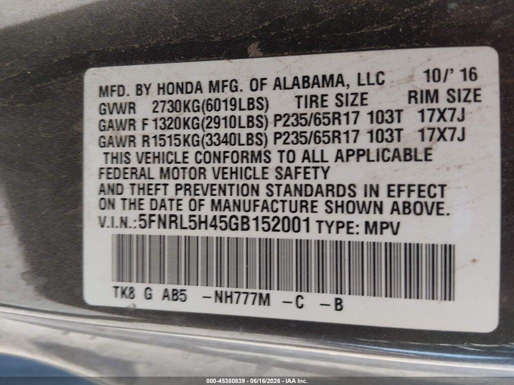 5FNRL5H45GB152001 2016 HONDA ODYSSEY photo no. 9